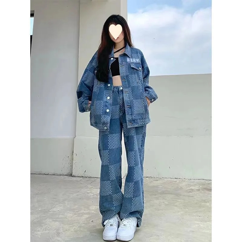 Autumn Denim Set Men Women Plaid Patchwork Lapel Denim Jacket Wide Leg Straight Jeans Mens Casual Loose Two Piece Suit Unisex 240412