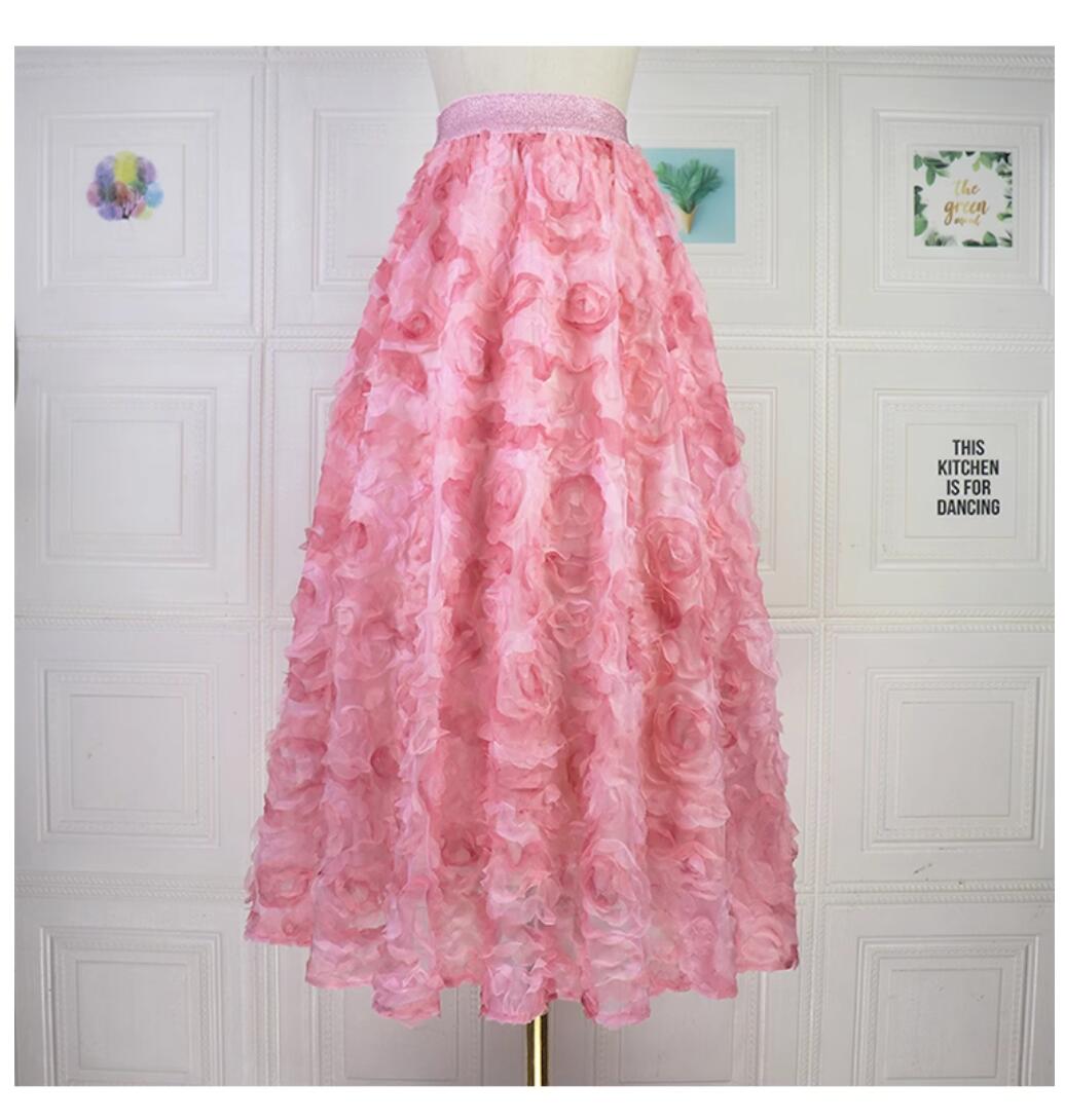 Female elastic waist rose flower gauze fashion French elegant ball dress long skirt pink purple 2 color SL