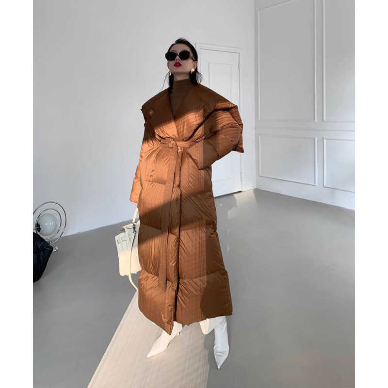 New big lapel strap temperament collar long solid color loose thickened down jacket irregular waist elegant womens coat W241019