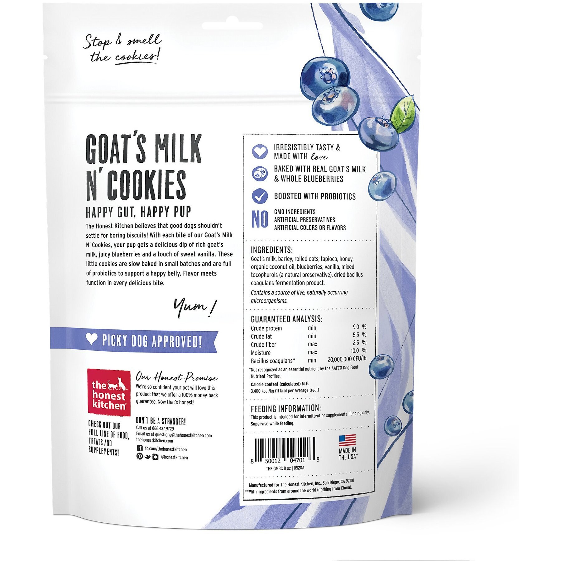 The Honest Kitchen Goat's Milk N' Cookies Slow Baked with Blueberries & Vanilla Dog Treats, 8-oz bag