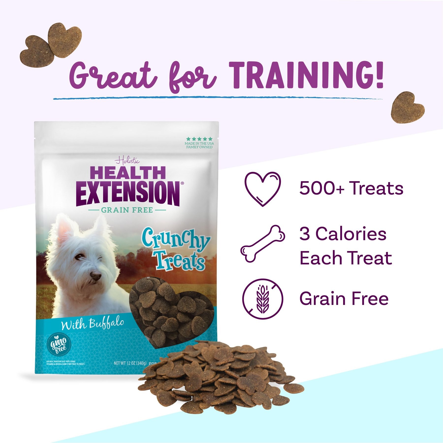 Health Extension Small Buffalo Heart Shaped Grain-Free Crunchy Dog Treats, 12-oz bag