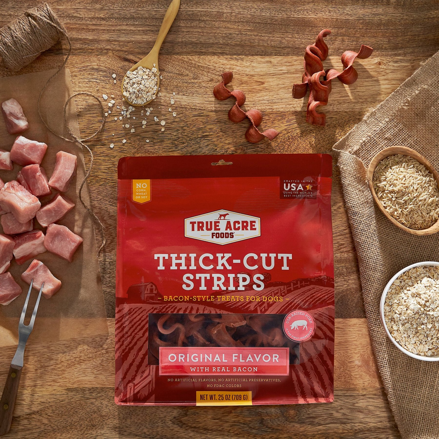 True Acre Foods Thick Cut Strips with Real Bacon Dog Treats