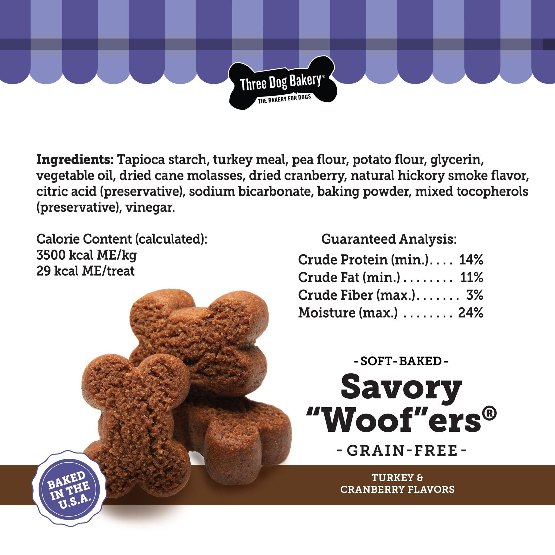 Three Dog Bakery Savory Woofers Turkey & Cranberry Flavors Grain-Free Dog Treats