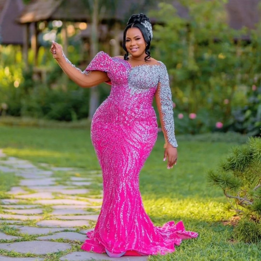 2025 Aso Ebi Plus Size Fuchsia Mermaid Prom Dresses For Special Occasions Lace Beaded Crystals Evening Party Birthday Gowns Dress For Women Vestidos d