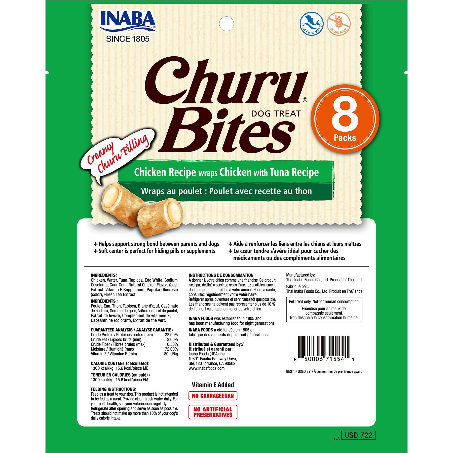 Inaba Churu Bites Wraps Chicken with Tuna Recipe Grain-Free Soft & Chewy Dog Treats, 0.42-oz, pack of 8