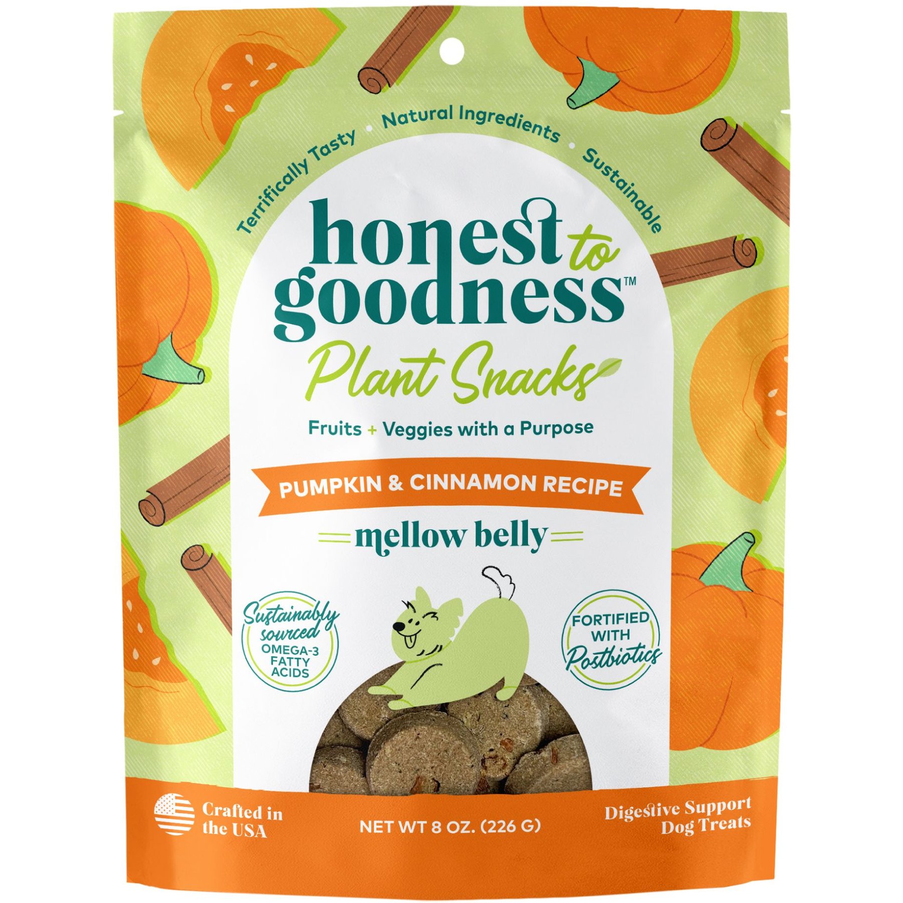 Honest To Goodness Plant Snacks Mellow Belly Pumpkin & Cinnamon Dog Treats, 8-oz bag