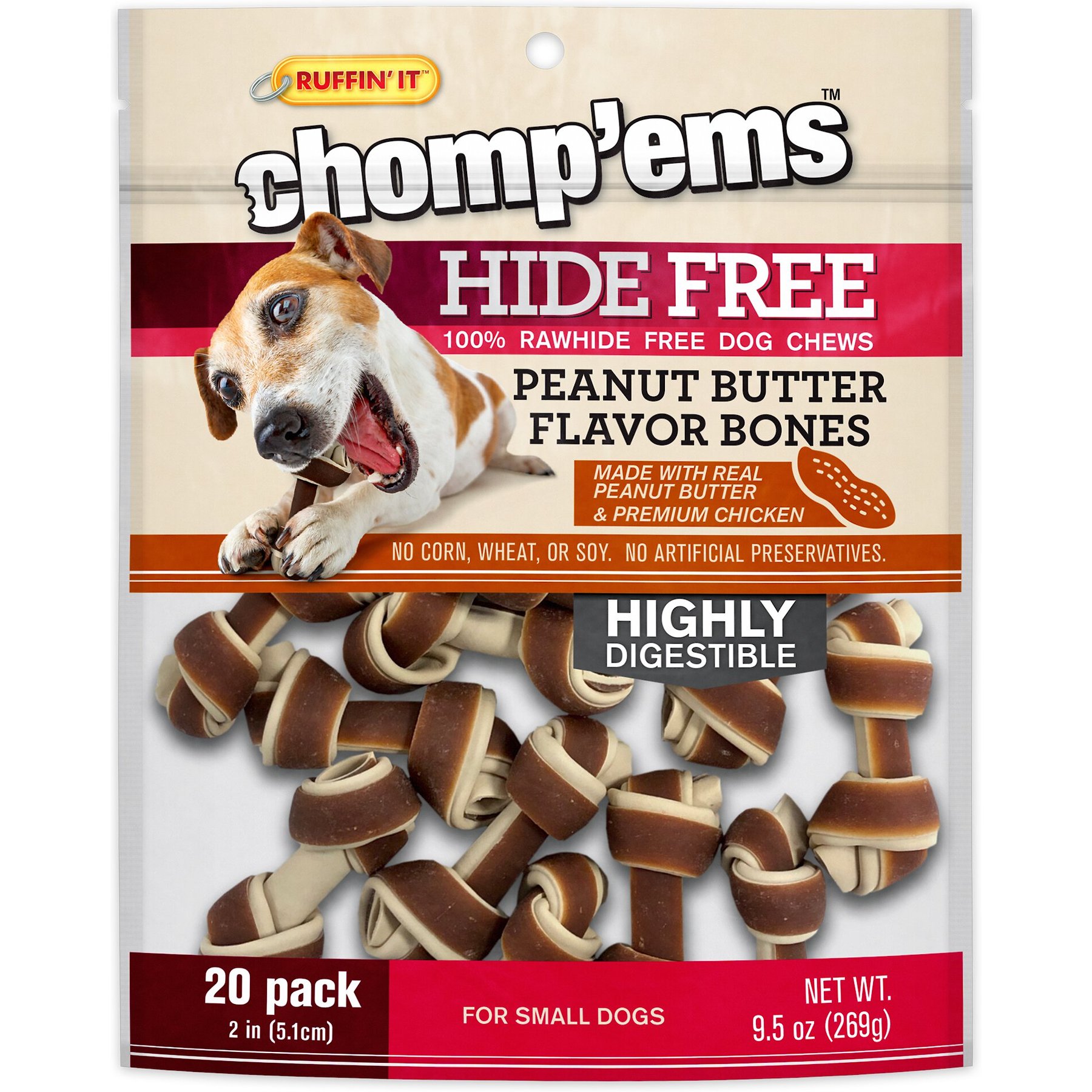 Chomp'ems Hide-Free Knot Bones Two-Tone Peanut Butter Dog Treats, 20 count
