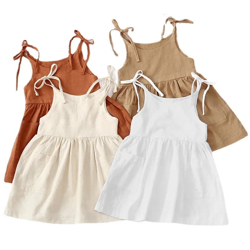 Summer Toddler Girl Dress Solid Cotton Sleeveless Children Kids Sundress Slip Fashion Girls Clothing 240416