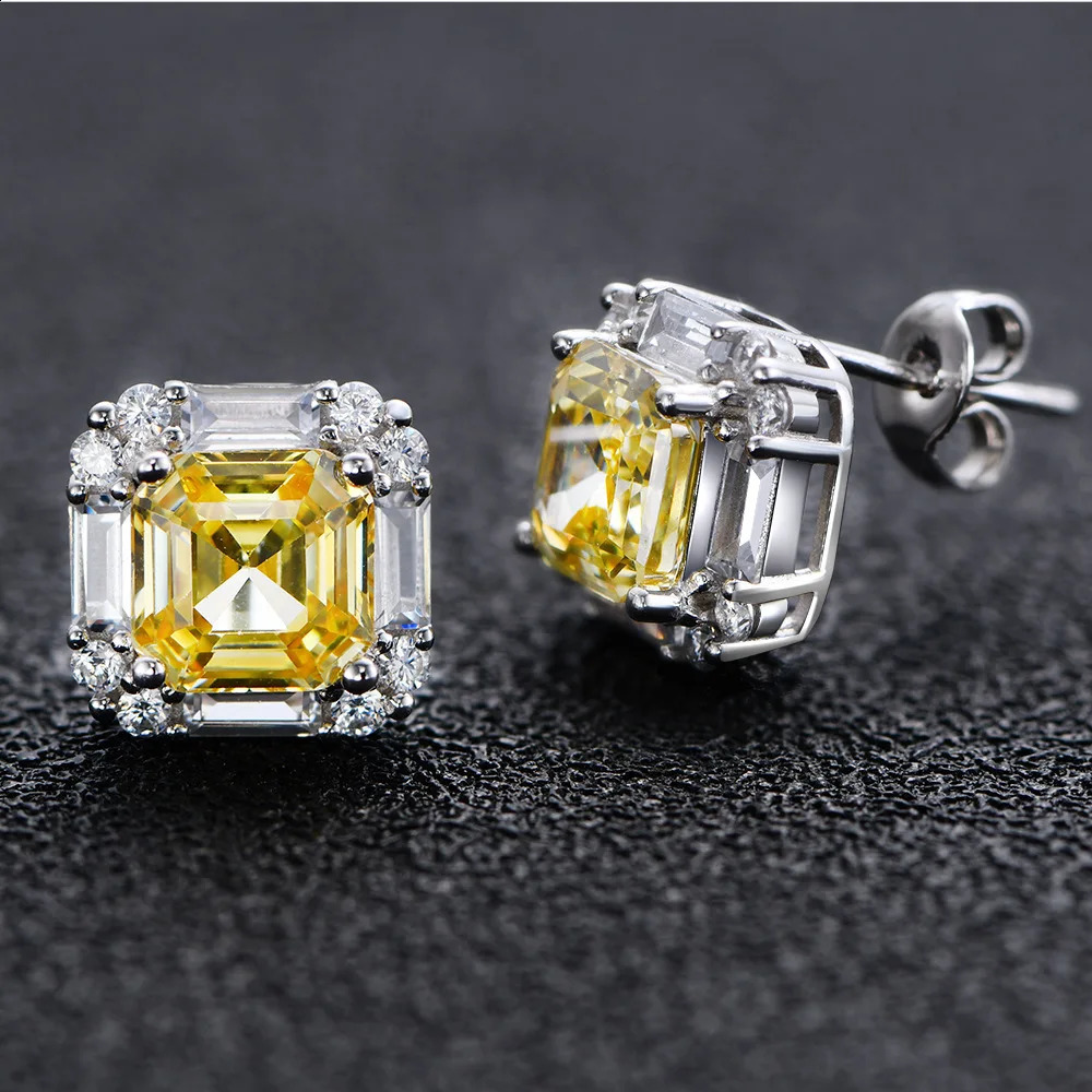 Zhenchengda 7 * 7 Yellow Diamond Earrings 925 Pure Silver Vertical Chamfered High Carbon Diamond Earrings 241120