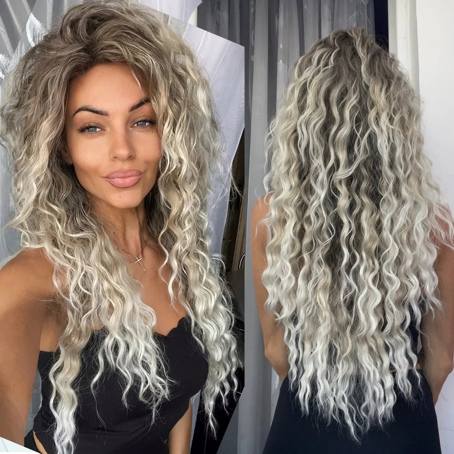 Grey blonde curly hair wig synthetic long curly hair wig suitable for women fluffy hairstyle wave Ombre wig clothing carnival party regular wig 241120