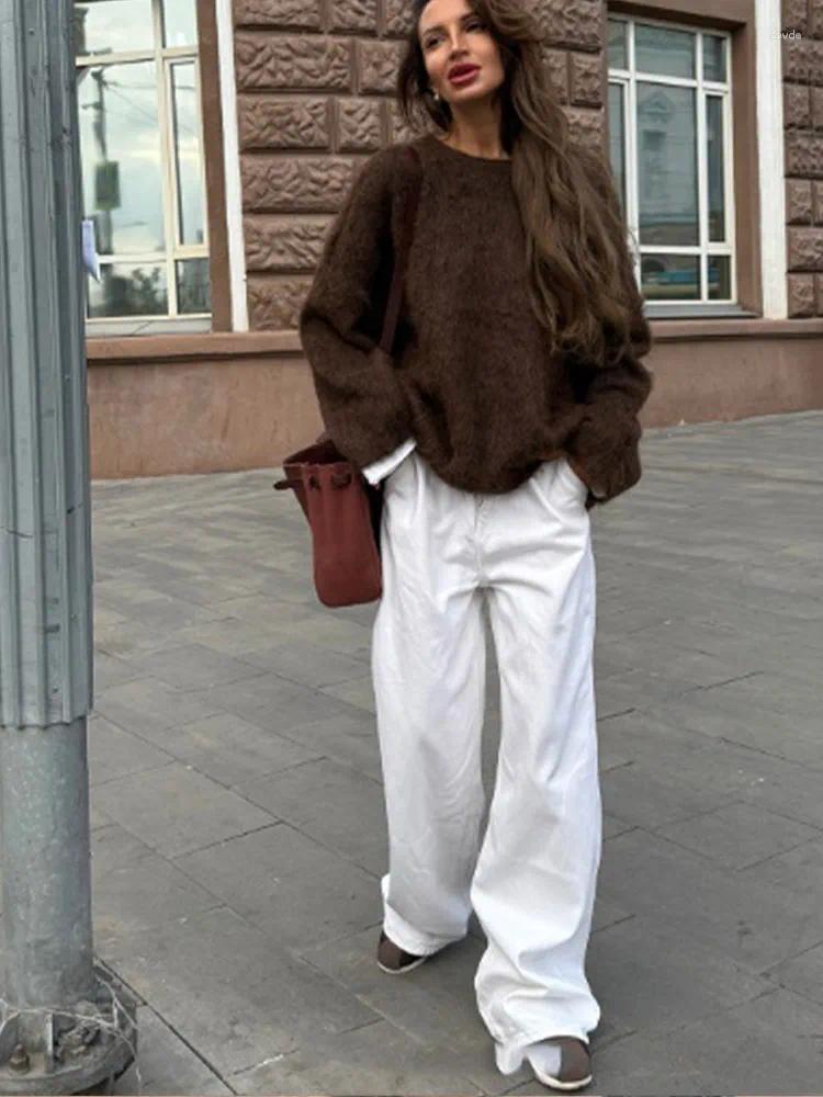 Women's Mohair Pullover Sweater - Chocolate Brown, O-Neck, Long Sleeve, Loose Knit, Casual, Winter