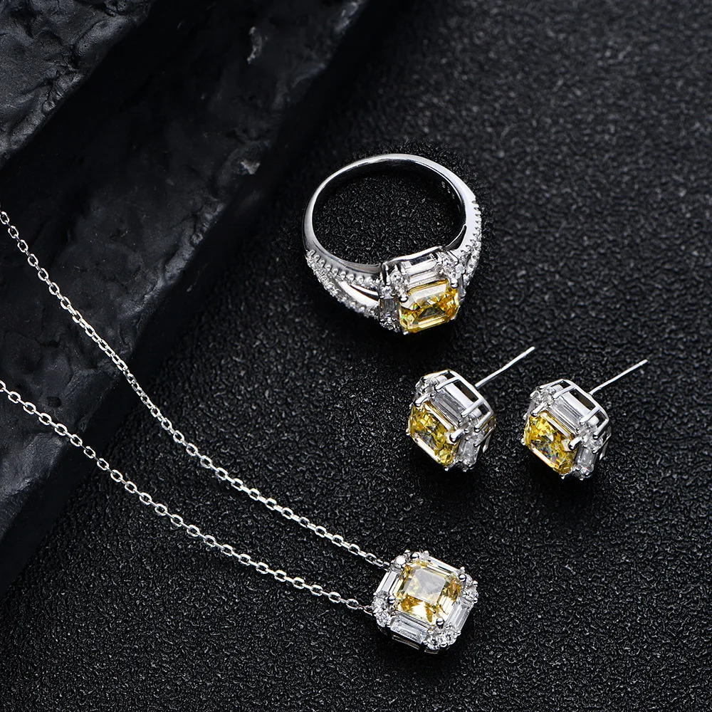 Zhenchengda 7 * 7 Yellow Diamond Earrings 925 Pure Silver Vertical Chamfered High Carbon Diamond Earrings 241120
