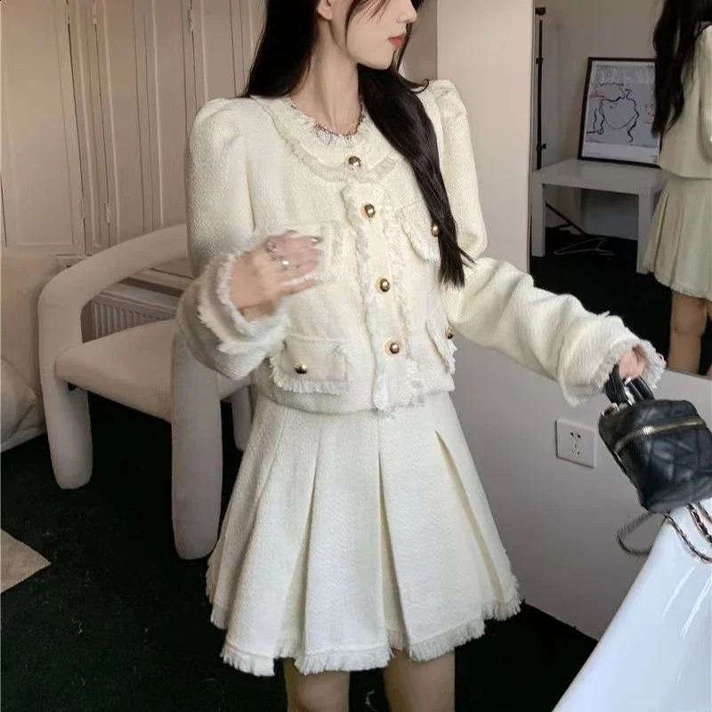 Vintage Cropped Blazers Mini Skirts 2pcs Set Koean Women Long Sleeved Jackets Tops with High Waist Pleated A-line Skirt Suits 241121
