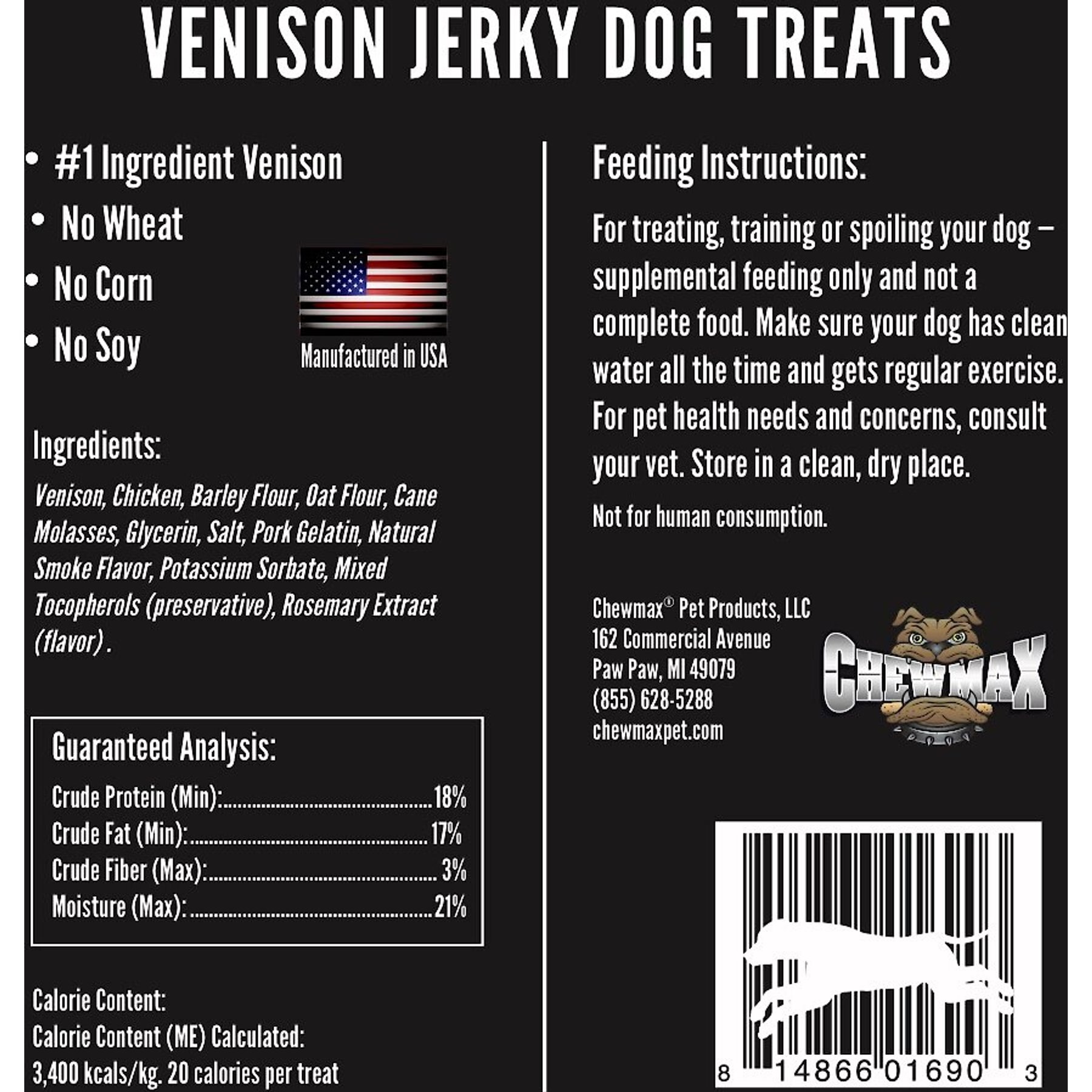 ChewMax Pet Products Venison Jerky Natural Chew Dog Treats, 5-oz bag