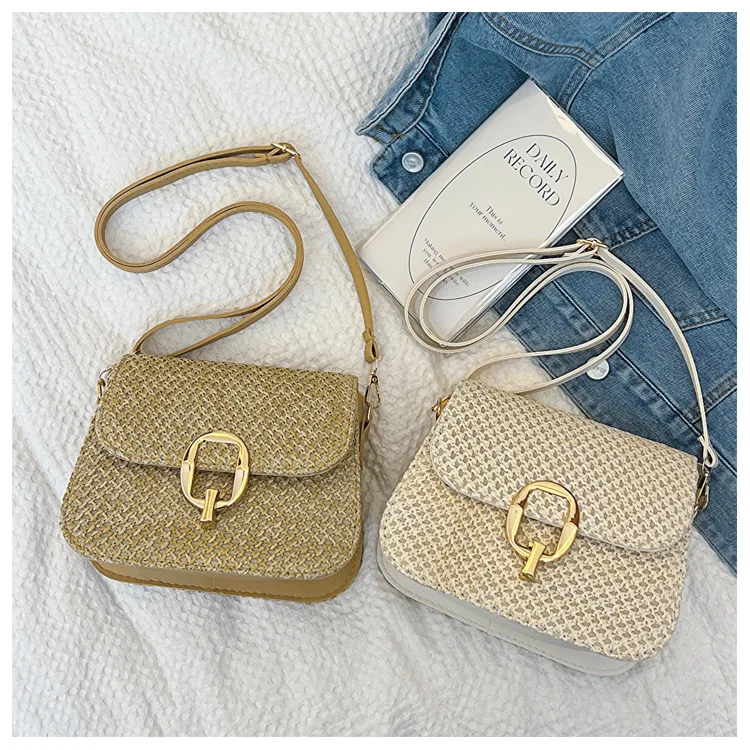 Lock Fashion Summer Crossbody Bags Casual TLXT Travel Beach Shoulder Flap Women's Handbags Straw Bag Designer