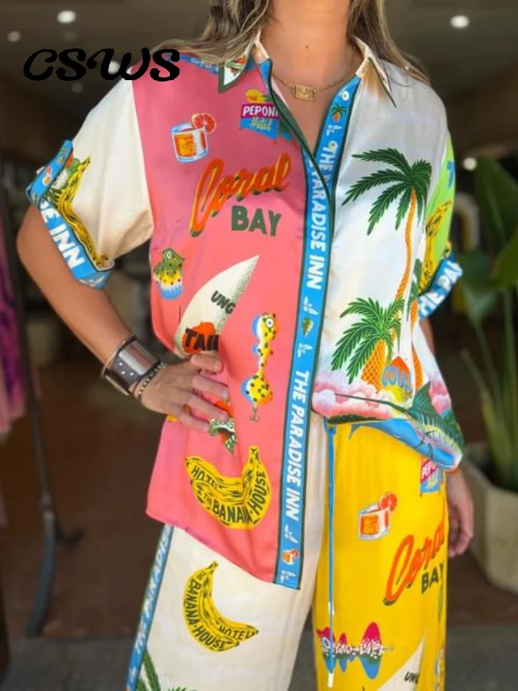 Holiday Print Shirt Womens Suit Fashion Loose Single Breasted Top Female Sets Summer High Waist Wide Leg Pants Set 240415