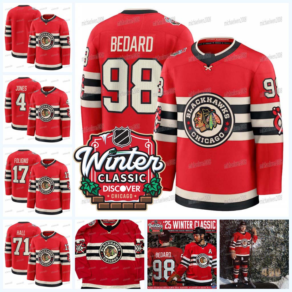 Blackhawks 2024 25 Winter Classic Jersey 98 Bedard Philipp Kurashev Nick Foligno Taylor Hall Teuvo Teravain Joey Anderson Jones Laurent Brossoit Nazar Custom Youth