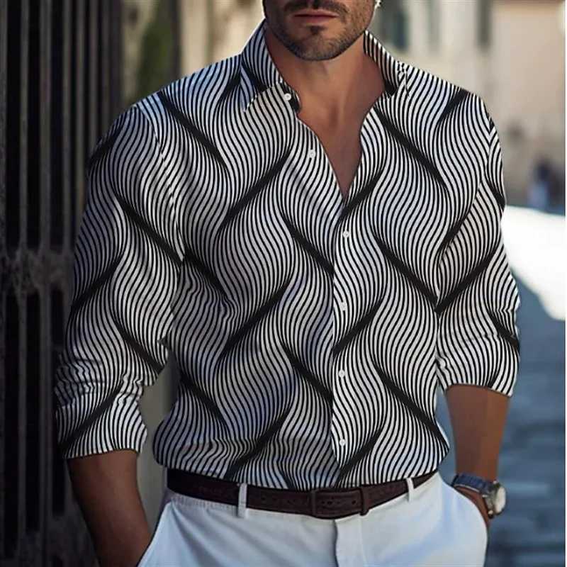 New business casual mens line 3D printed shirt formal spring and summer lapel long-sleeved XS-6XL stretch fabric shirt 2024XJ250121
