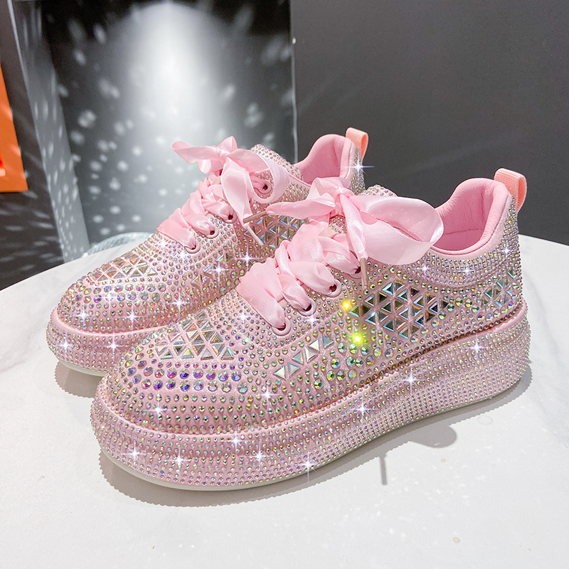 Autumn Water Diamond Thick Bottom Shining Crystal Sports Shoes Luxury Designer Shoes Trendy Casual Flat Shoes High quality sequined casual shoes zapat