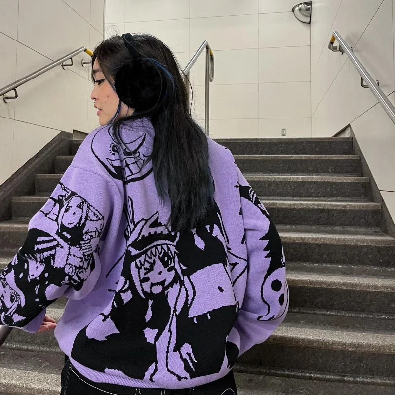 Y2K Sweater Jeans Two Piece Sets Men Women Oversize Anime Graphic Knitwear Embroidery Pullover Haruku Punk Streetwear Trousers 240415