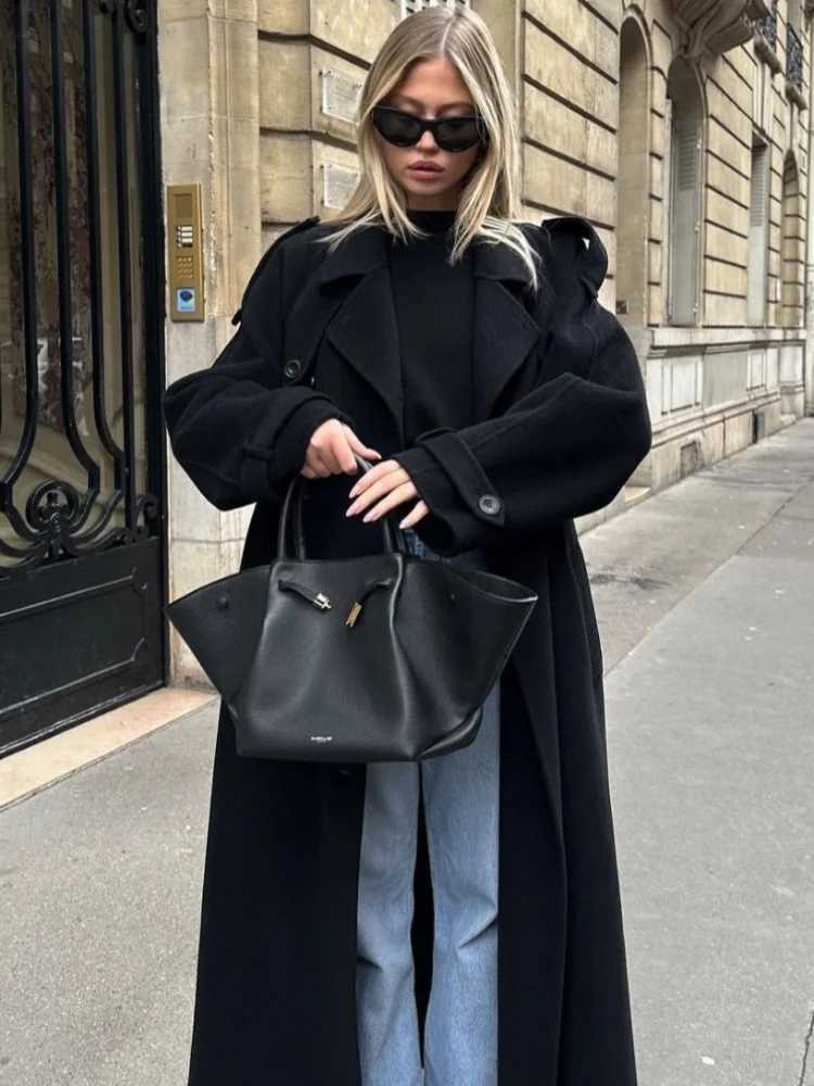 Elegant with belt black long coat womens oversized wool double button lapel coat autumn new womens high-end coat X241120