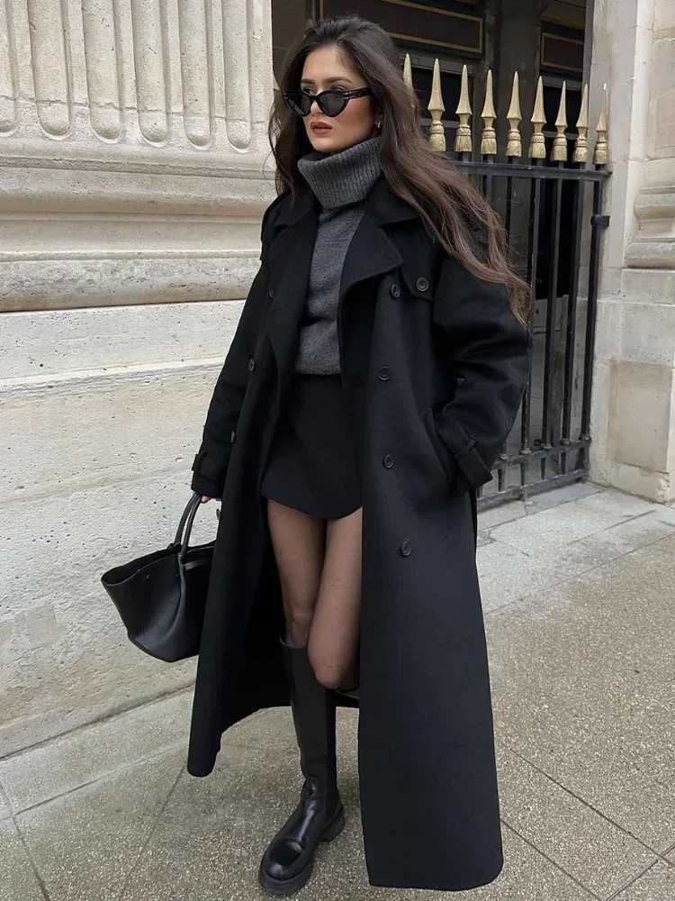 Elegant with belt black long coat womens oversized wool double button lapel coat autumn new womens high-end coat X241120