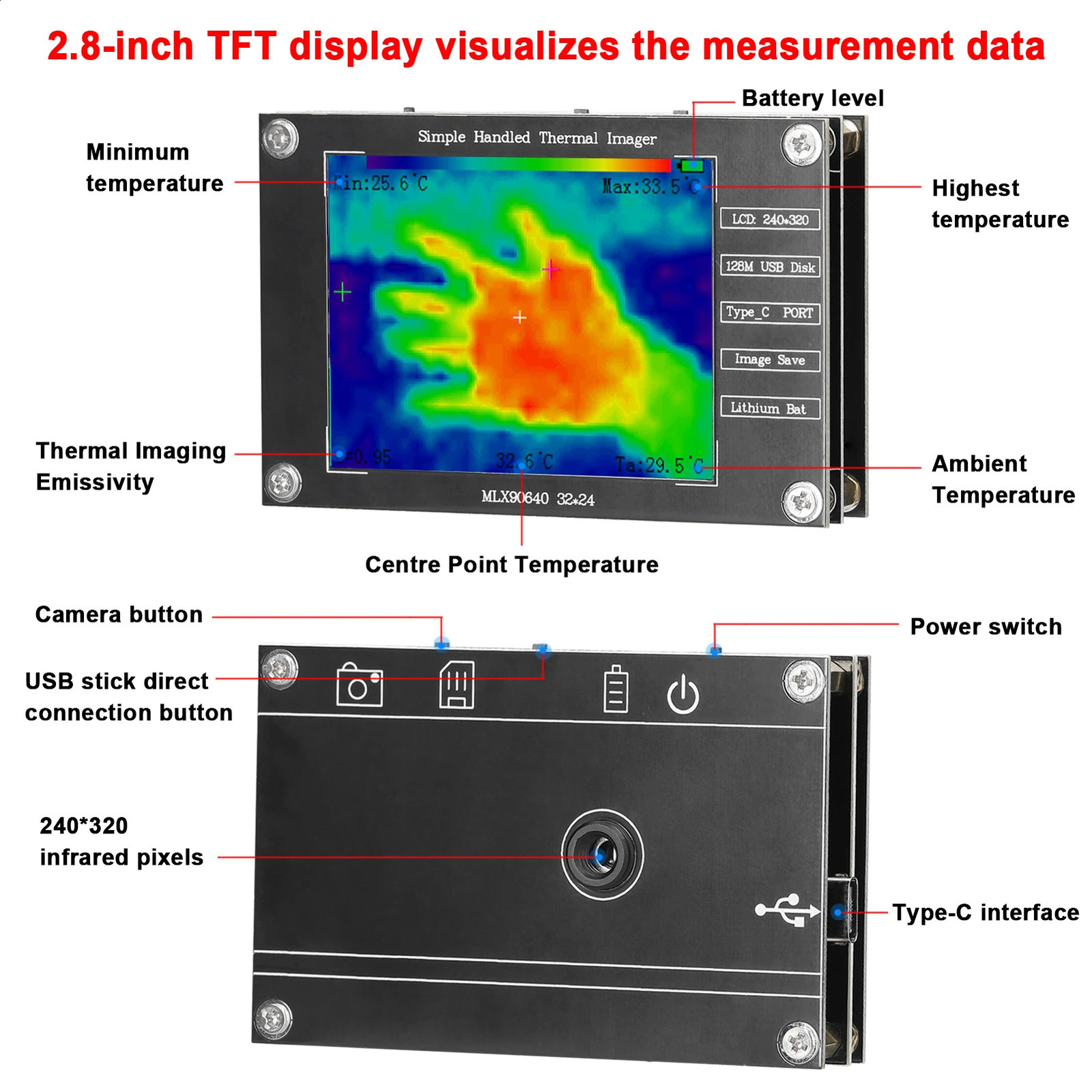 Portable thermal imaging camera -40 to 300 Small thermal imaging camera supports maximum and minimum center temperature measurement of 2.8 inches 2411