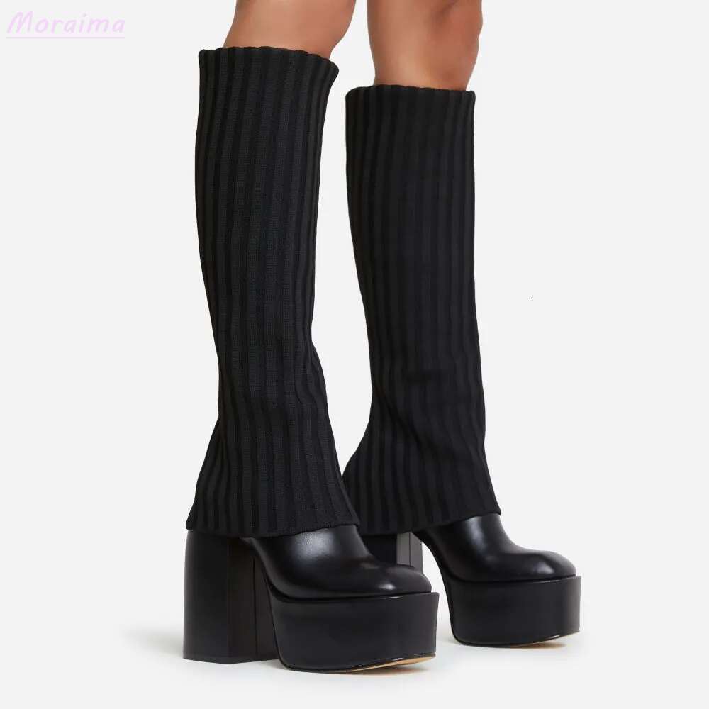 Knee-High Leather Platform Boots Layered Knit Pointed Toe hot White Shoes