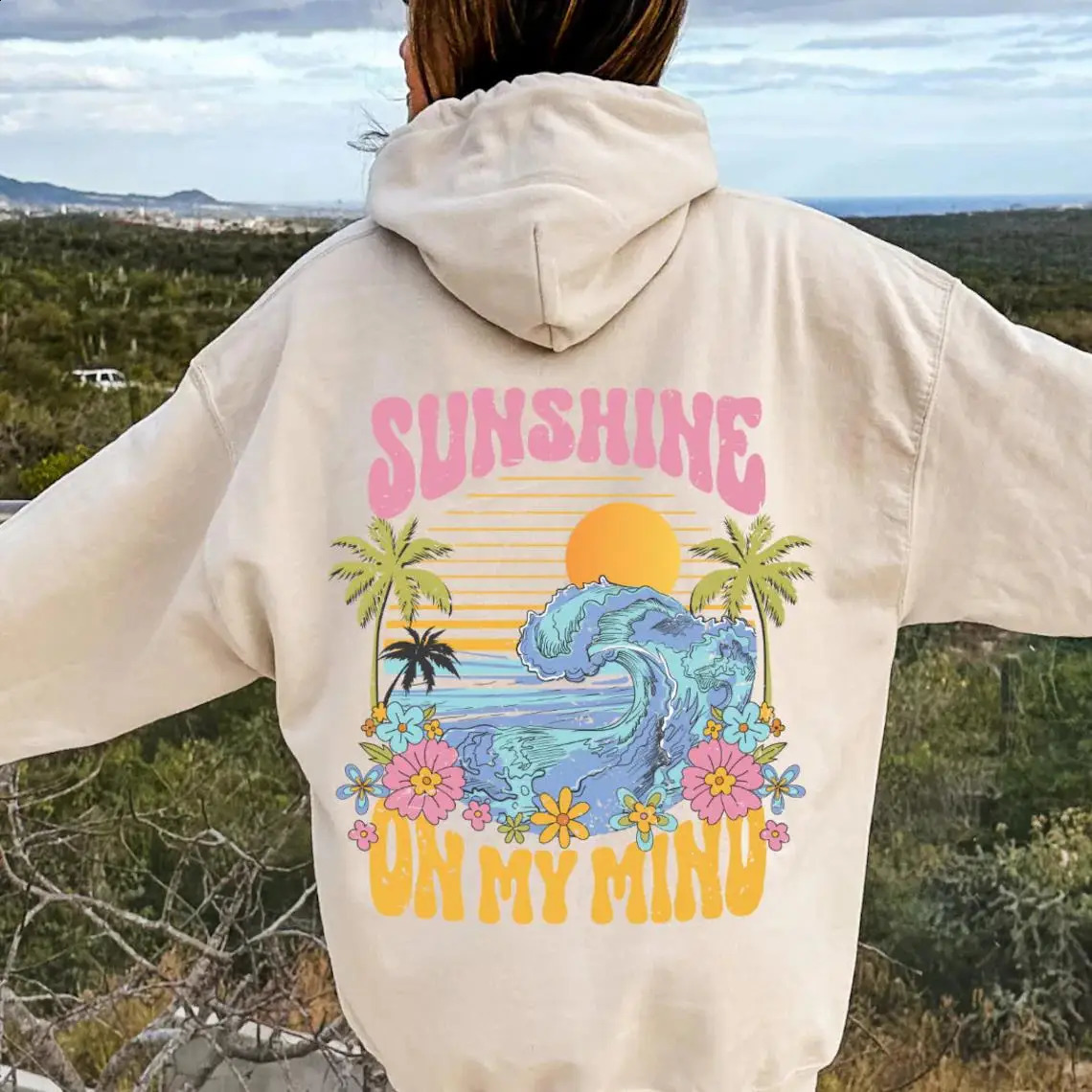 Beach Sunshine on my Mind Hoodie Sunset Oversize Hooded Sweatshirts Woman Aesthetic Long Sleeves Soft Crewneck Streetwear Clothe 241121