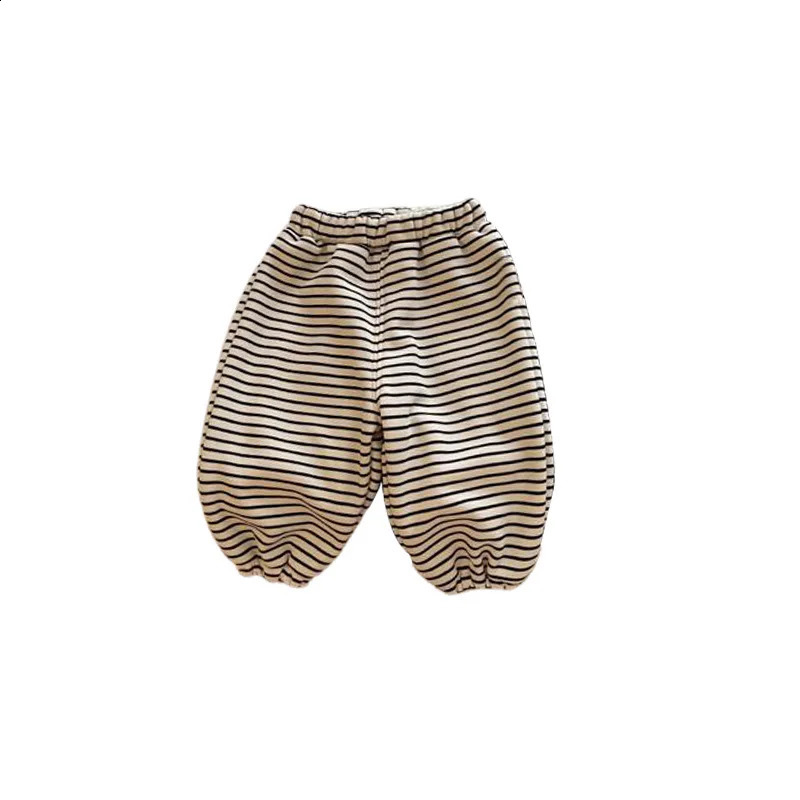 Autumn Winter Ins Baby Boys Jogger Pants Elastic Waist Striped Thick Plush Cotton Baby Pants 241121
