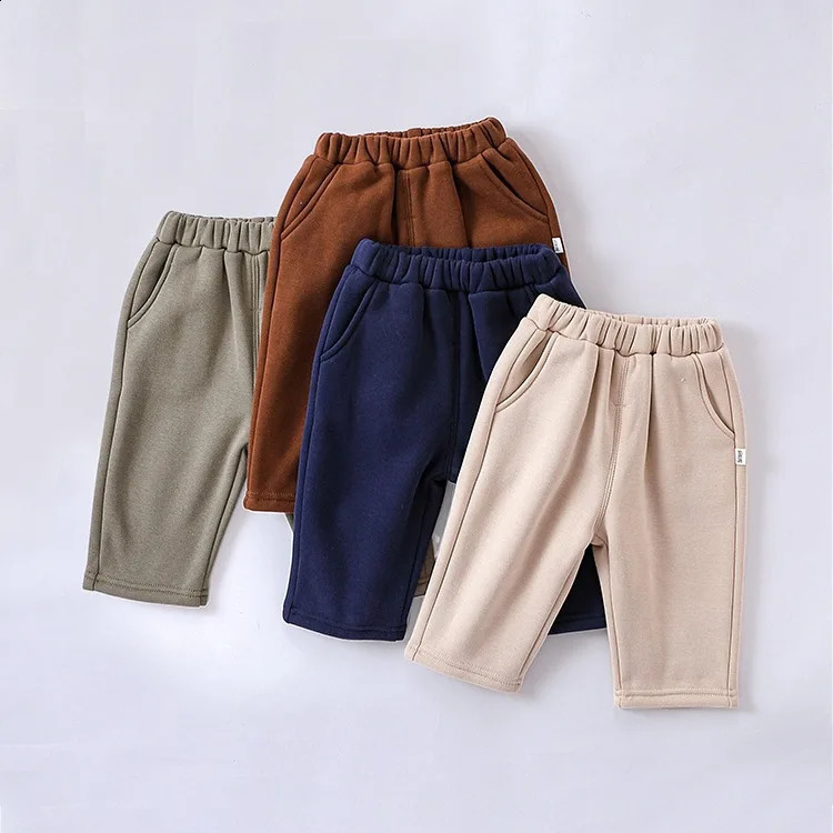 Autumn and Winter Outdoor Ins born Boys Pants Solid Plush Elastic Waist Thin Cotton Baby Pants Straight Baby Pants 241121