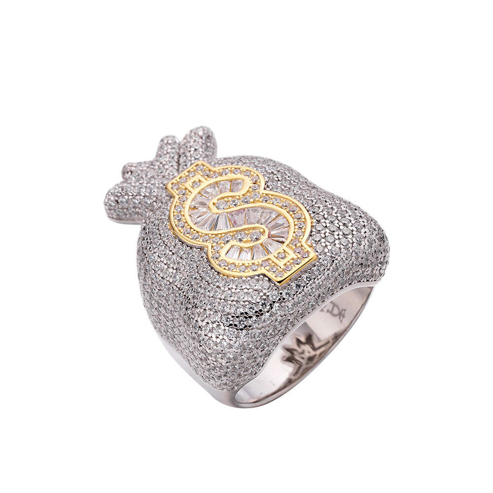 2024 Hip Hop Iced Out Cz Moissanite Dia Baguette Money Bag Symbol Sign 14k Gold Plated Rapper Fashion Jewelry Rings m