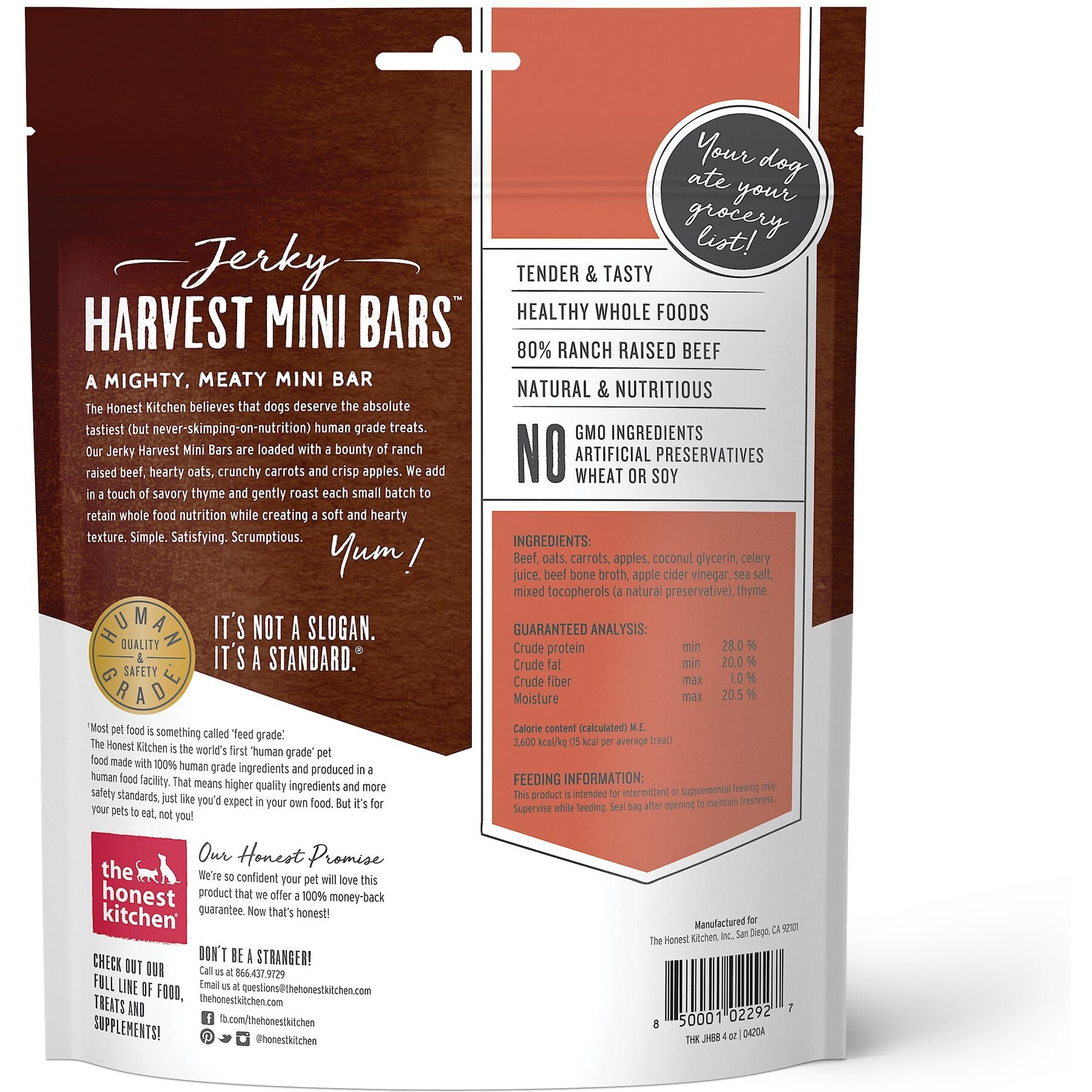 The Honest Kitchen Jerky Harvest Mini Bars Beef Recipe with Carrots & Apples Dog Treats, 4-oz bag