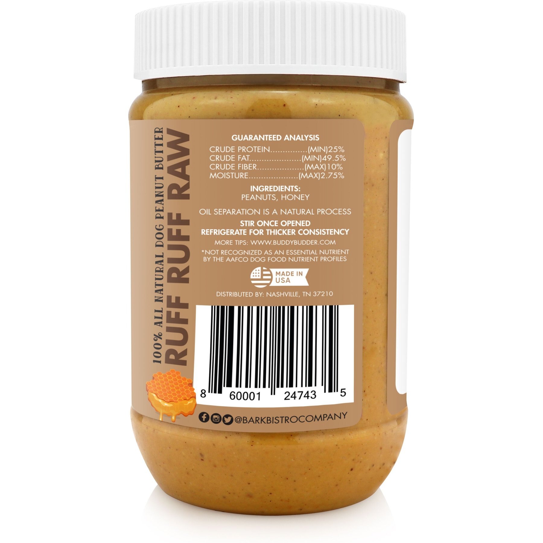 Bark Bistro Company Buddy Budder Ruff Ruff Raw Peanut Butter Lickable Dog Treats, 17-oz jar