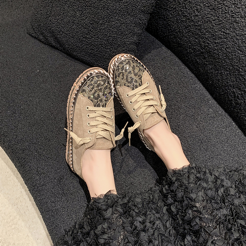 Crystal luxury flat shoes designer women's sports shoes 2025 autumn suede lace up fashion leopard print casual shoes high-quality women's sh