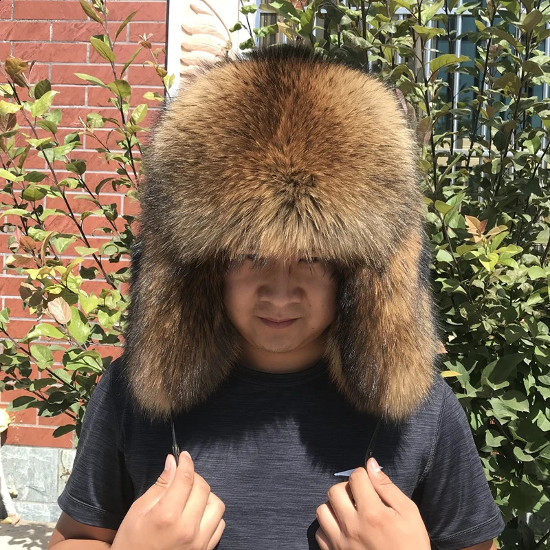 100% Raccoon Hat Full Hat Mens Fur Ear Protection Winter Thickened Warmth Mens Russian Hat 241120 - view 4