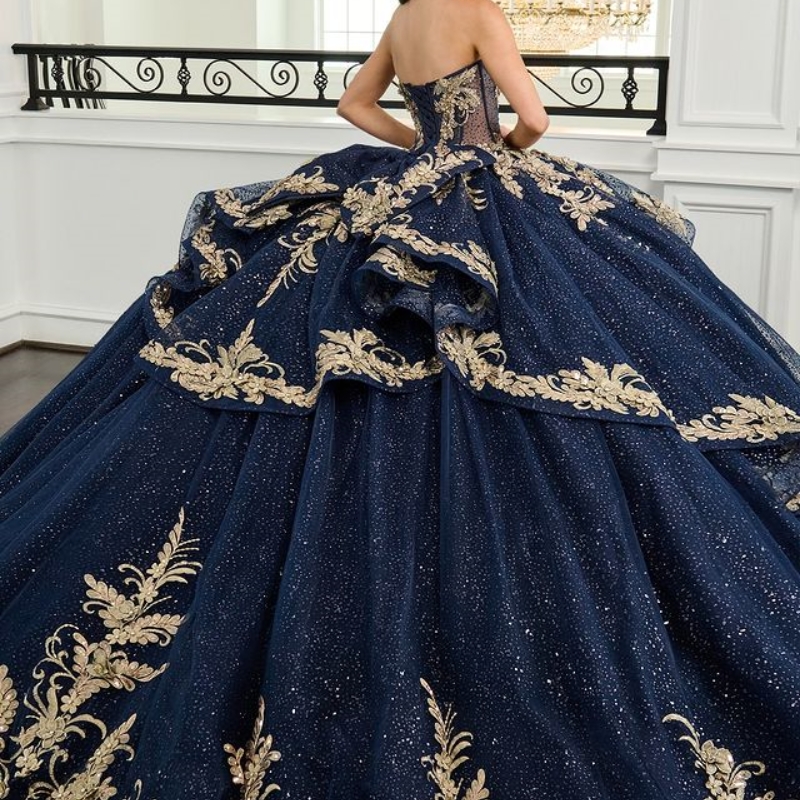 Navy Blue Shiny Ball Gown Quinceanera Dresses Gold Appliques Lace Beads Crystal Tull Corset Vestidos 15 De XV Anos Sweet 16 Dress Dr0320