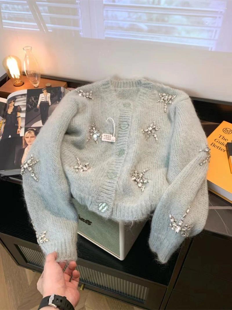 Blue Dia Studded Knitted Jacket For Women - Soft, Western Style Short Sweater