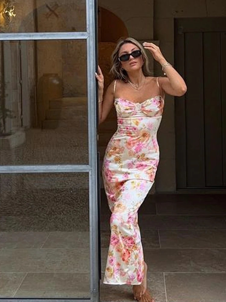 Suninheart Summer Spaghetti Strap Floral Print Party Dresses Elegant Maxi Bodycon Wedding Guest Holiday Dress In Dress 240419