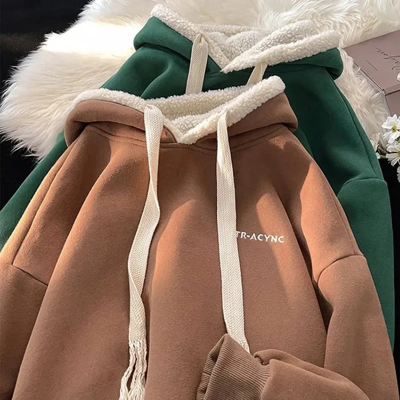 thick womens sports sweatshirt hooded sweatshirt oversized brushed casual wool printed autumn and winter womens top 241121