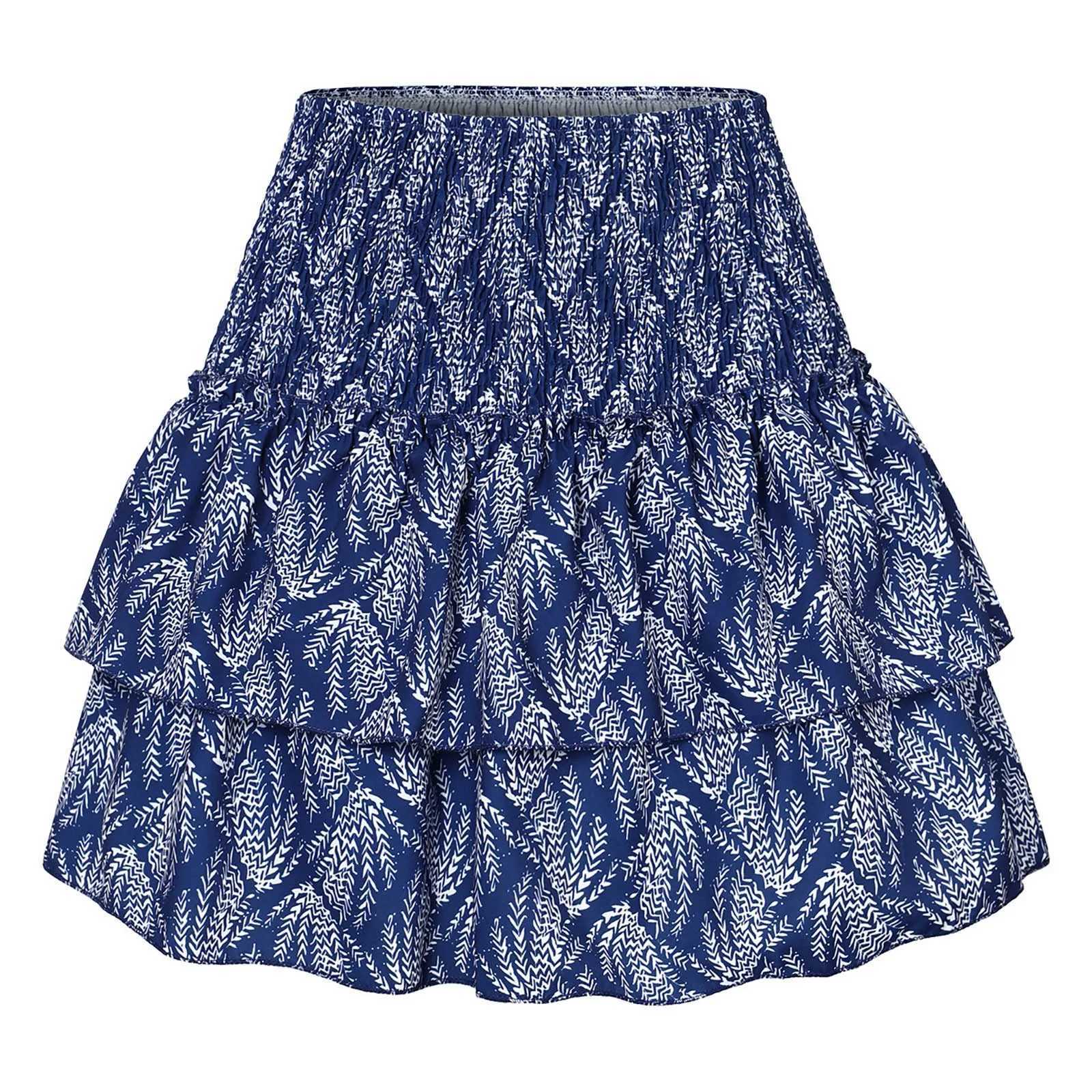Skirts Womens Sexy Dp Blue High Waist Gypsy Skirt Summer Fashion Ruffle Pleated Printed Skirt Vintage Bohemian Style Beach Skirts Y240420