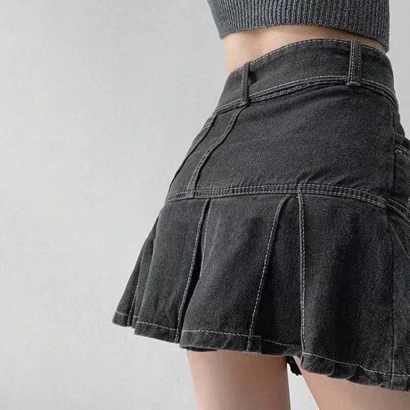 Skirts Summer Japanese Y2k Denim Pleated Mini Skirt Vintage Sexy High Waist A-line Belt Blue Black Women Embroidery Jean Short Skirt Y240420