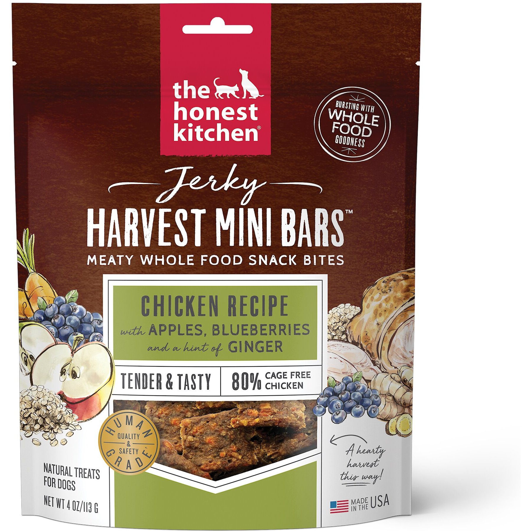 The Honest Kitchen Jerky Harvest Mini Bars Chicken Recipe with Apples & Blueberries Dog Treats, 4-oz bag