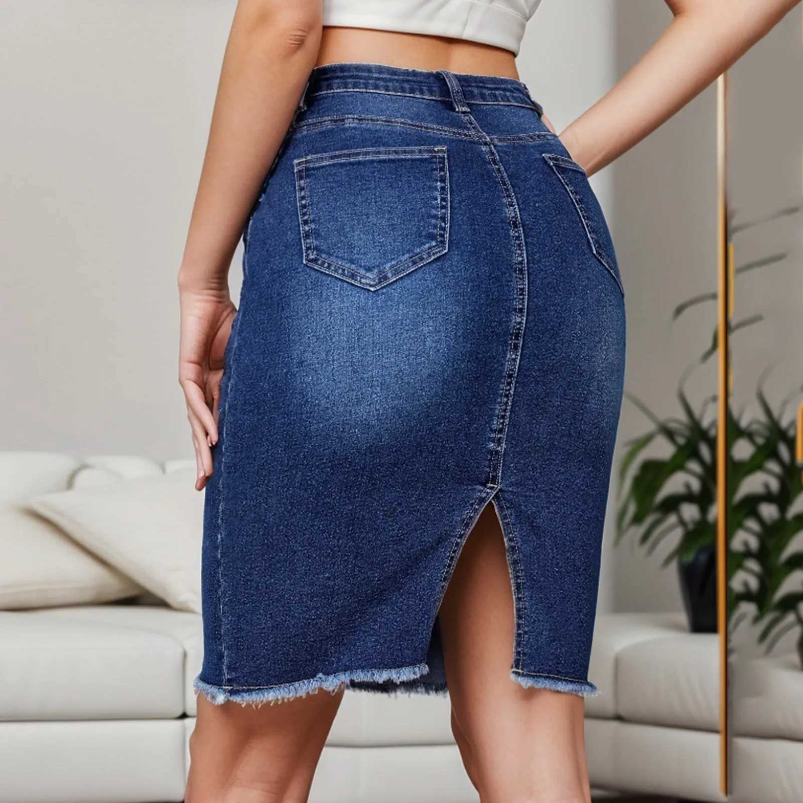 Skirts Fashion Tassel Hem Denim Skirt for Women 2023 Classic Irregular Design Midi Skirts Strtwear Back Slit Aesthetic Jeans Skirts Y240420