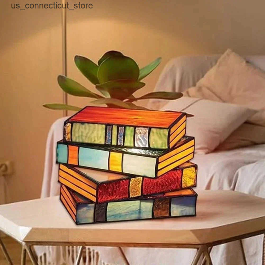 2025 new Stained Glass Lamp Night Table Reading Book Light Nightstand Desk Lamps Handicraft Stacked Books