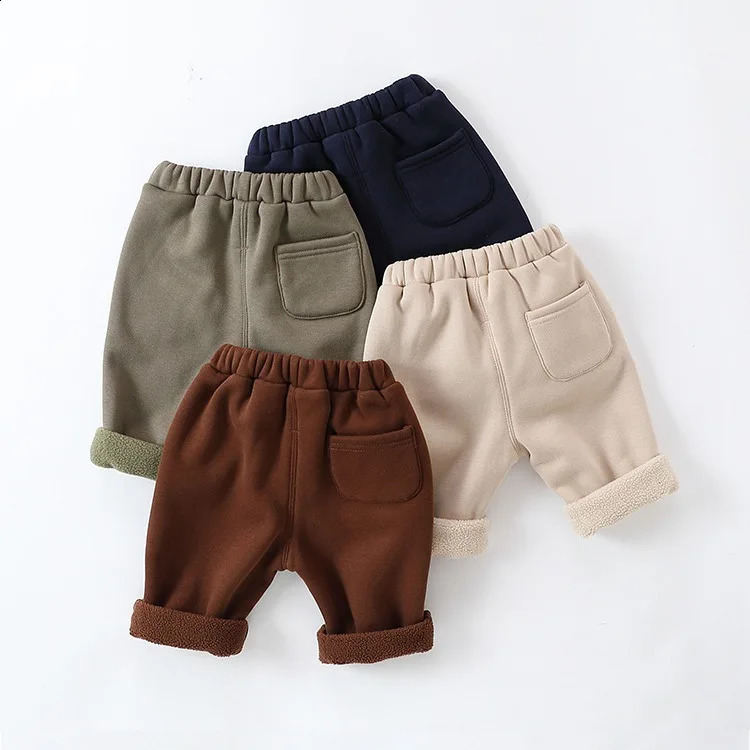 Autumn and Winter Outdoor Ins born Boys Pants Solid Plush Elastic Waist Thin Cotton Baby Pants Straight Baby Pants 241121