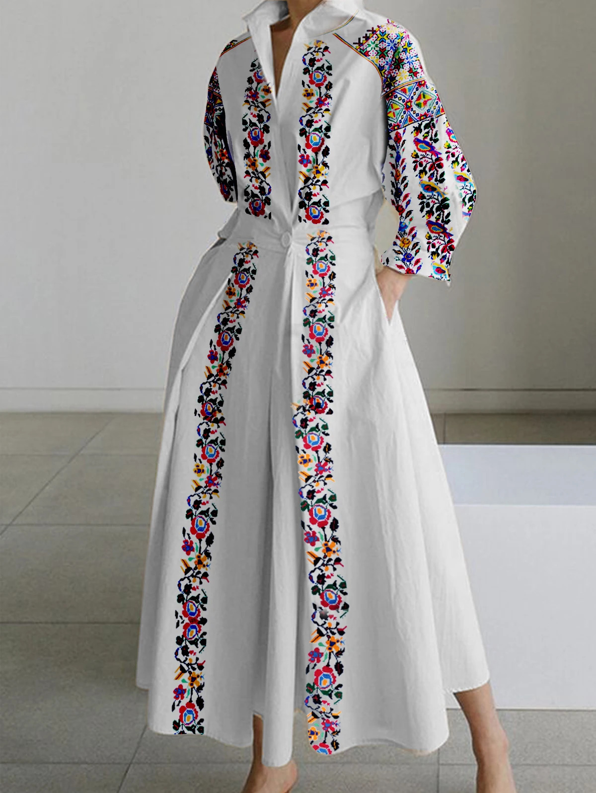 Plus Size Dress for Women Lapel Neck A-Line Pleated Floral Print Collared One Button Shirt Dress Casual Elegant 34 Sleeve Dress 240420