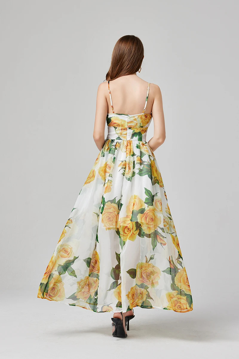 Women Casual Dresses Spring Summer Bohemain Spaghetti Strap Chiffon Flowy Dress Women Sexy V-Neck Backless Floral Print Holiday Boho Long Robe Vestido