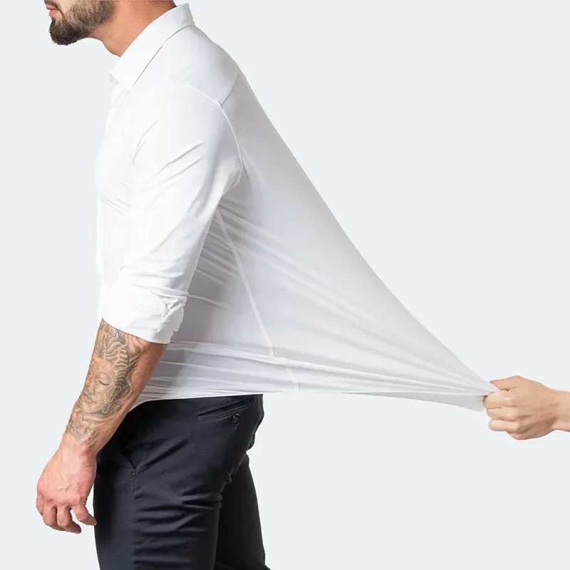 17 Color High Elasticity Shirt Mens Korean Slim Fit Plus Size Business Casual Solid Color Social Formal Long Sleeved Shirt 2024XJ250121