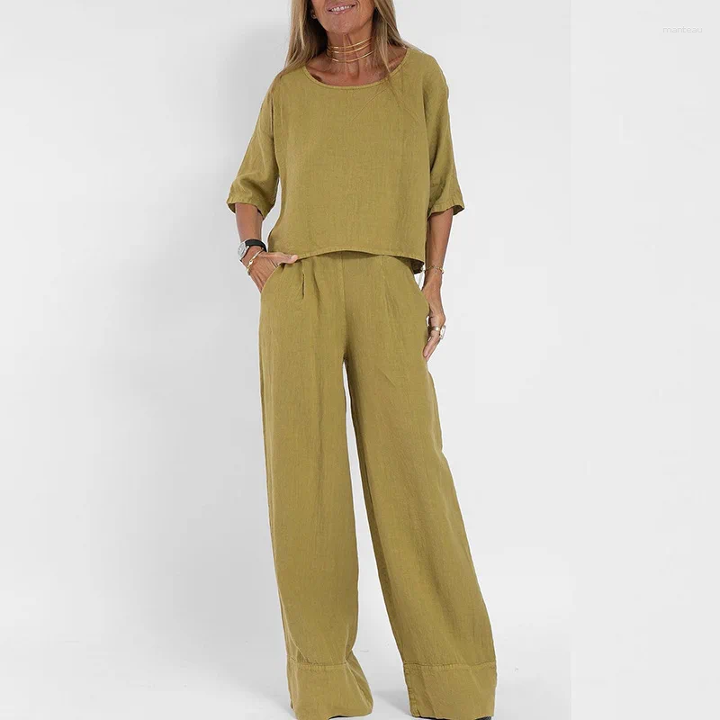 Women's Two Piece Pants Ladies Pockets Cotton-linen like fabric Set Casual Elastic Waist Trouser Suit Women O-neck Half Sleeve Shirt And Outfits 